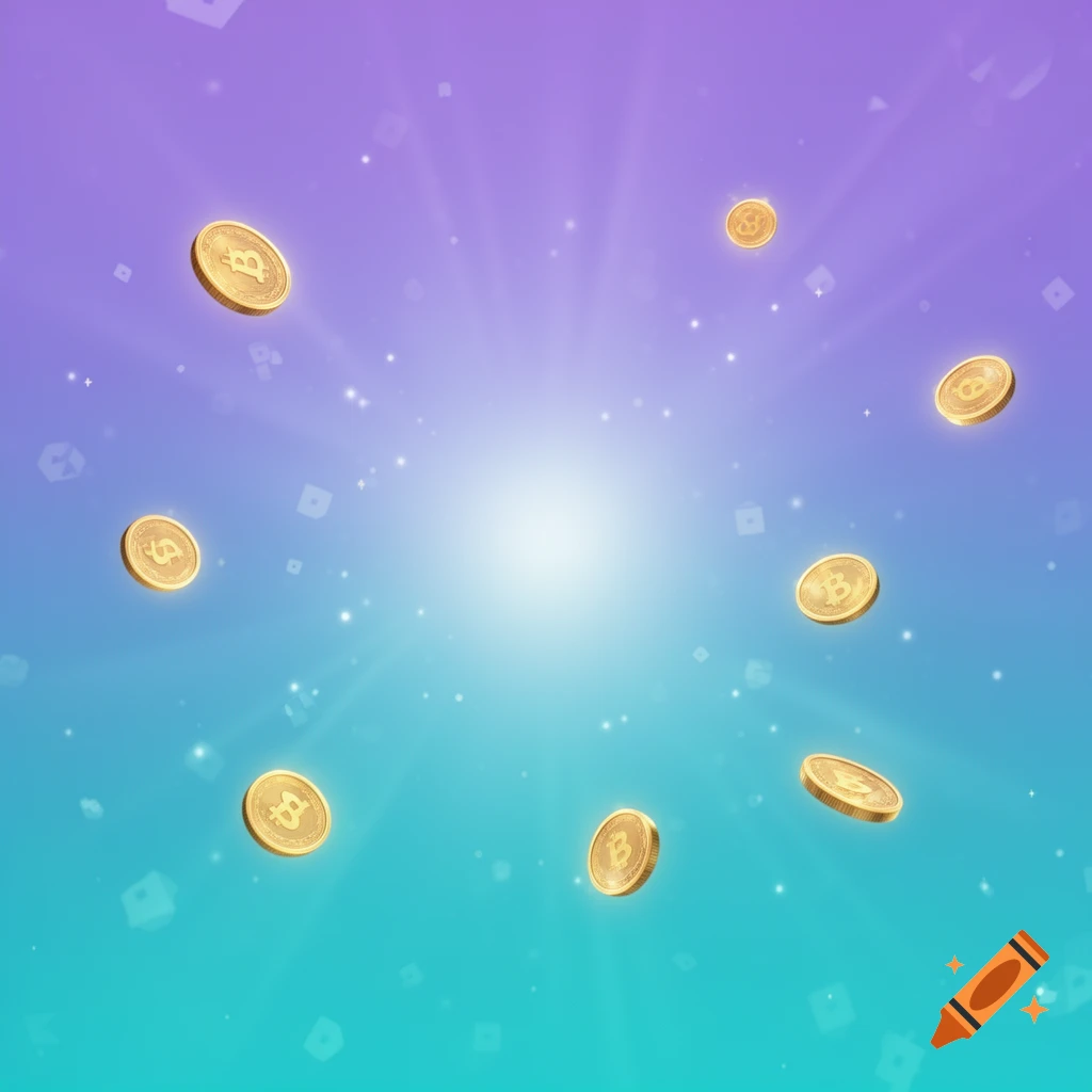 Golden Bitcoin and dollar coins float in a vibrant purple-to-turquoise gradient sky with a central glow and sparkles.