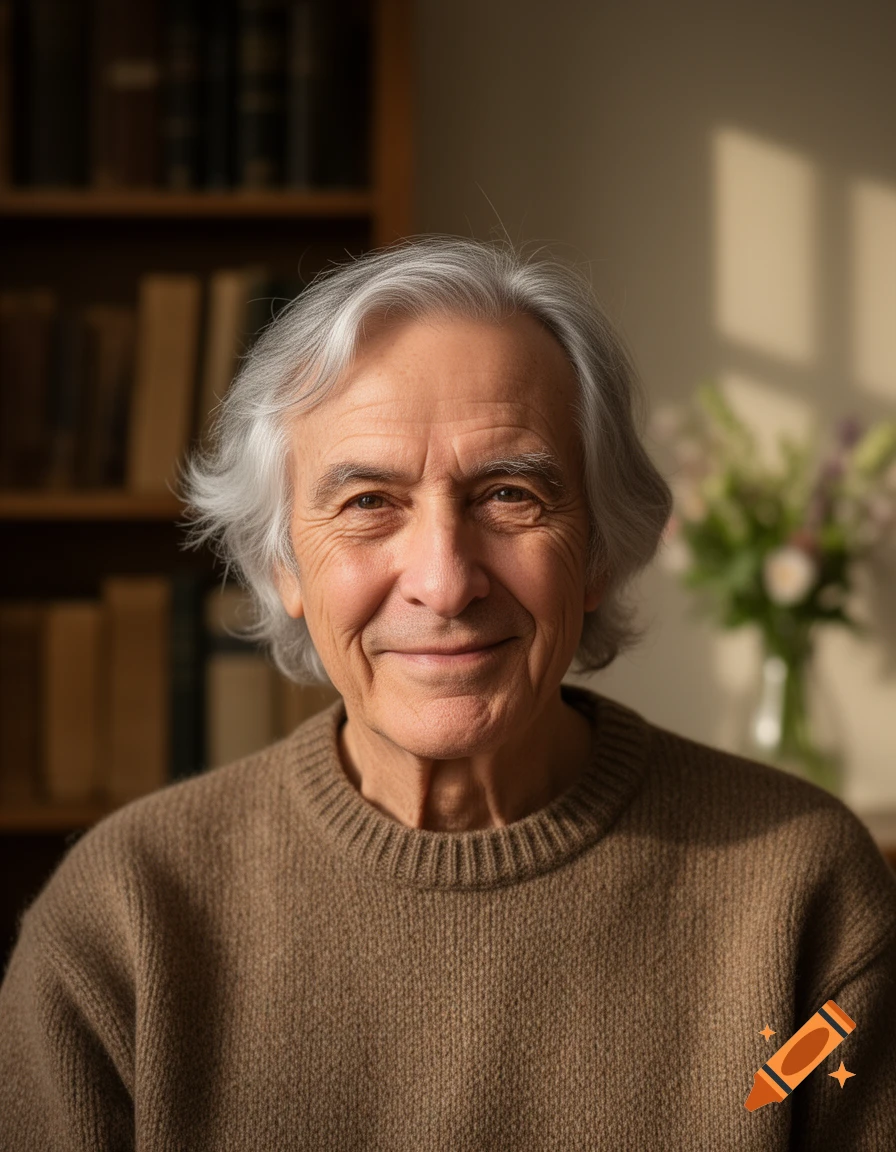 A smiling older man with gray hair wears a brown sweater in a sunlit room with a bookshelf and flowers in the background.