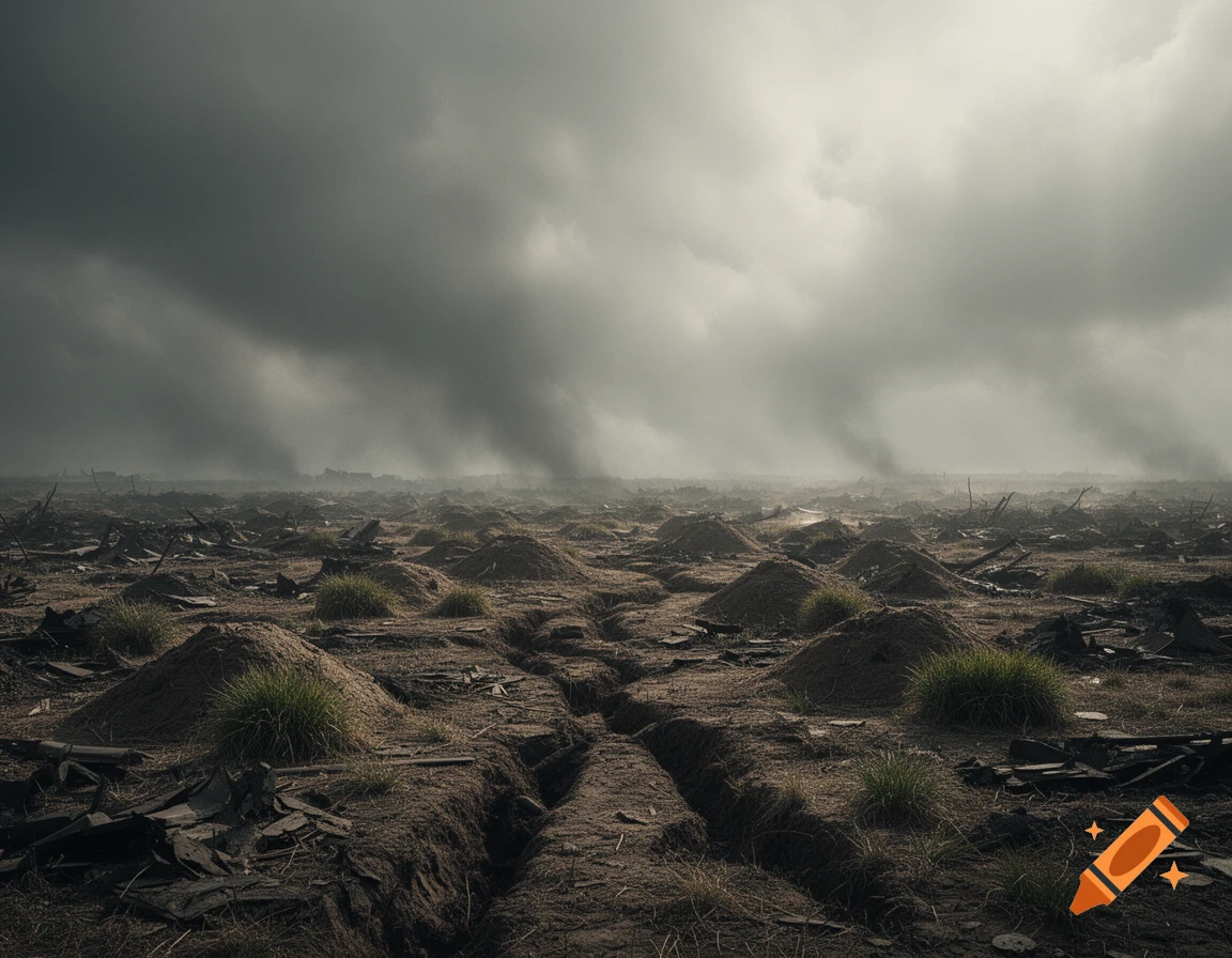 A desolate, bomb-cratered landscape under a stormy, grey sky, with small clumps of grass.