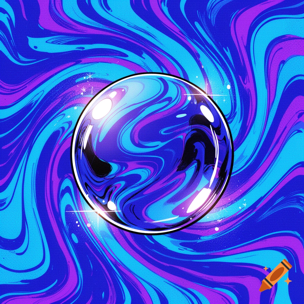A glossy, reflective blue and purple sphere floats on a vibrant, swirling background in a comic art style.