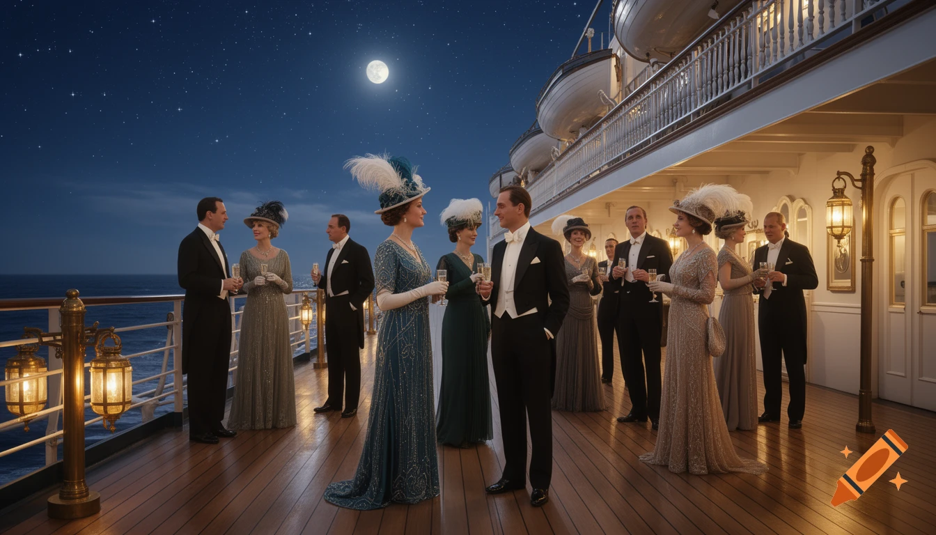 Elegant people in formal attire mingle on a ship deck at night under a full moon and starry sky.