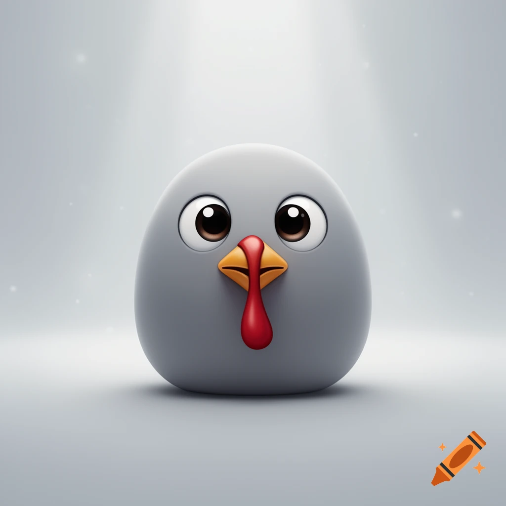 A cute, grey, round cartoon character with large eyes, an orange beak, and a red turkey snood, against a light grey background.