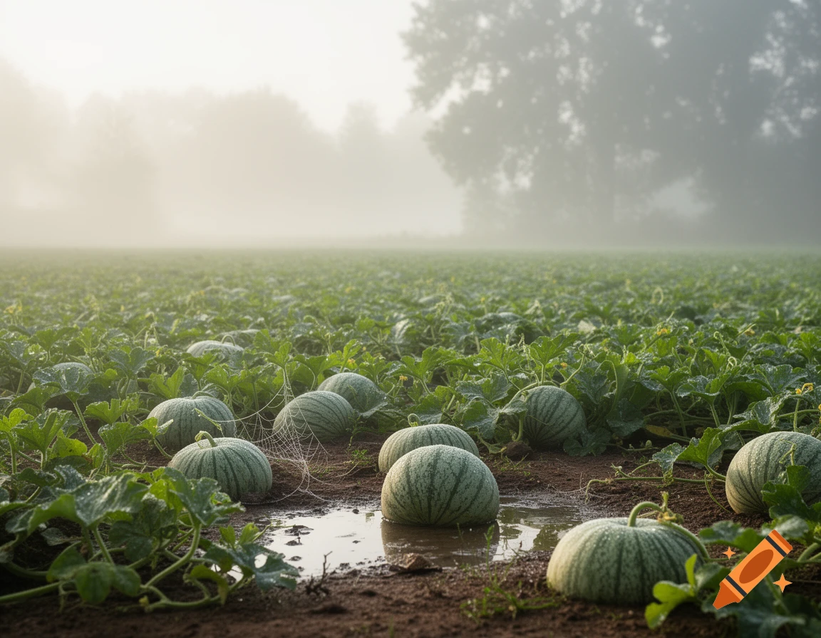 A misty morning scene in a field of green, striped melons, some partially submerged in muddy puddles, covered in dew drops.