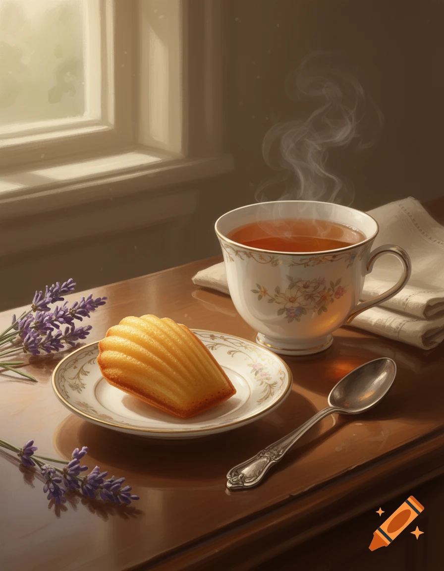 A madeleine pastry on a small plate next to a steaming teacup and lavender sprigs, by a window.