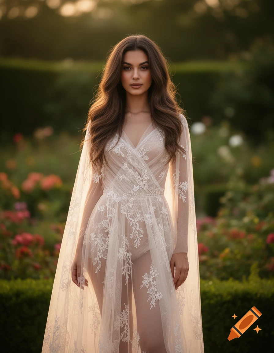 A beautiful woman with long brown hair stands in a garden, wearing a sheer white lace dress and cape.