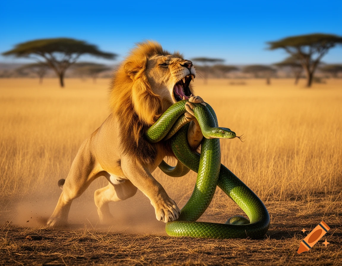 A roaring lion battles a large green snake in a dry savanna, under a clear blue sky, with acacia trees in the background.