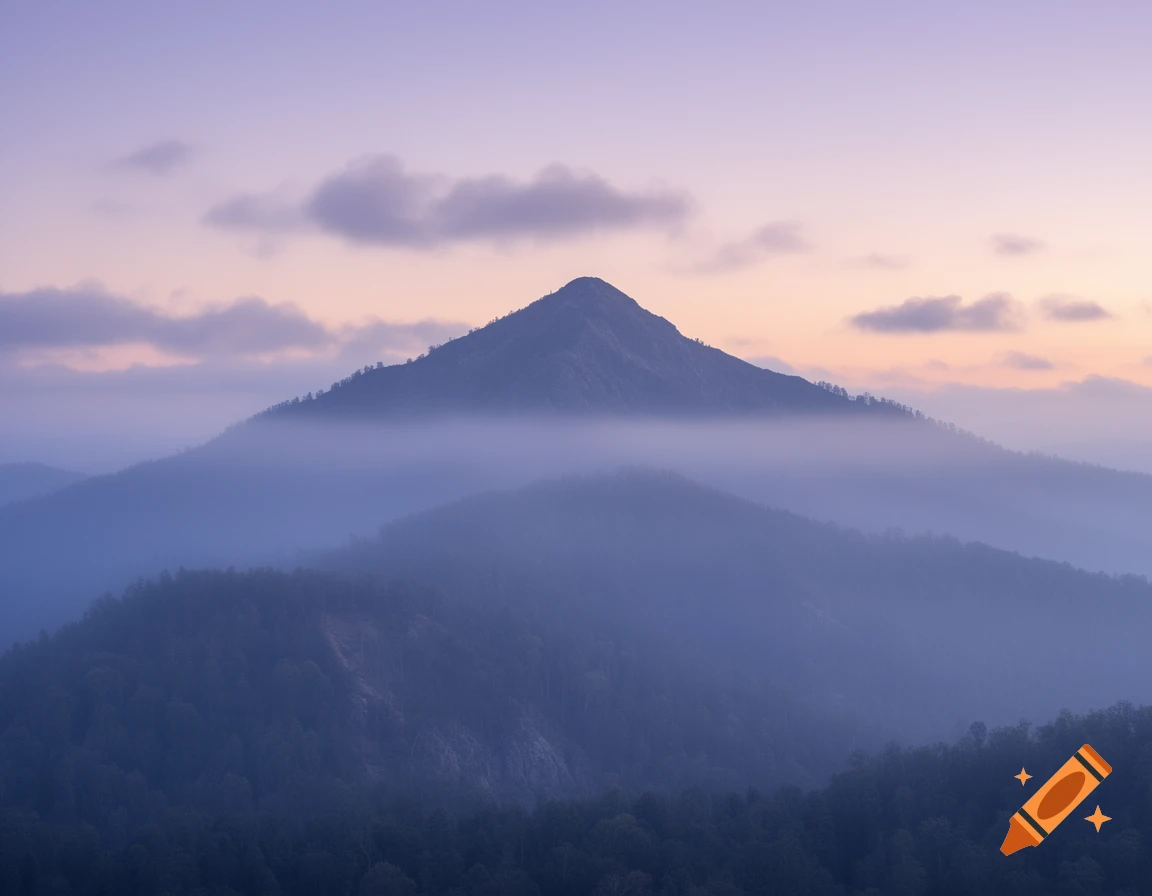 Misty mountain landscape at sunrise or sunset with a peak rising above fog and pastel sky.