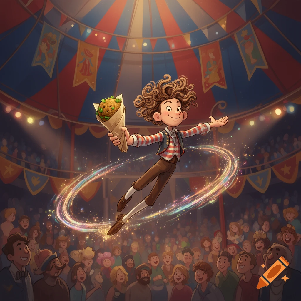 A cartoon boy with curly brown hair floats magically in a circus tent, holding a falafel wrap, surrounded by sparkling light and a cheering crowd.