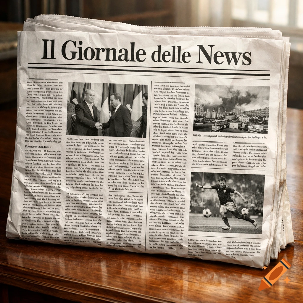 A folded newspaper titled 'Il Giornale delle News' on a wooden table, featuring black-and-white photos of men shaking hands, a cityscape, and a soccer player.