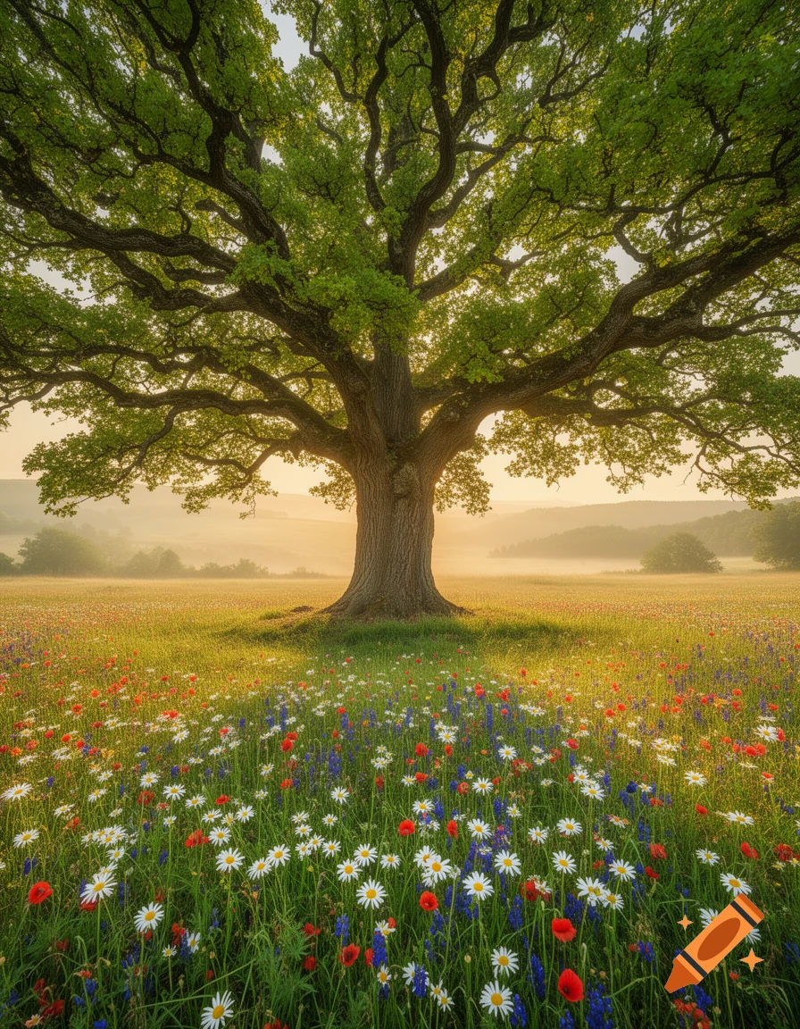 A large, mature tree stands in a sunlit meadow filled with vibrant red, white, and blue wildflowers in a photorealistic style.