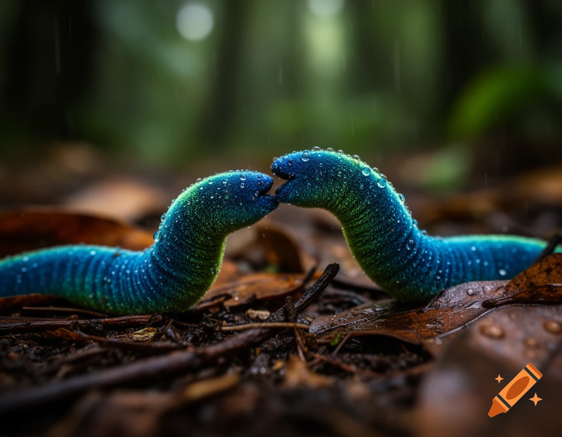 Two vibrant blue-green velvet worms, covered in water droplets, touch heads on a wet forest floor amidst fallen leaves.