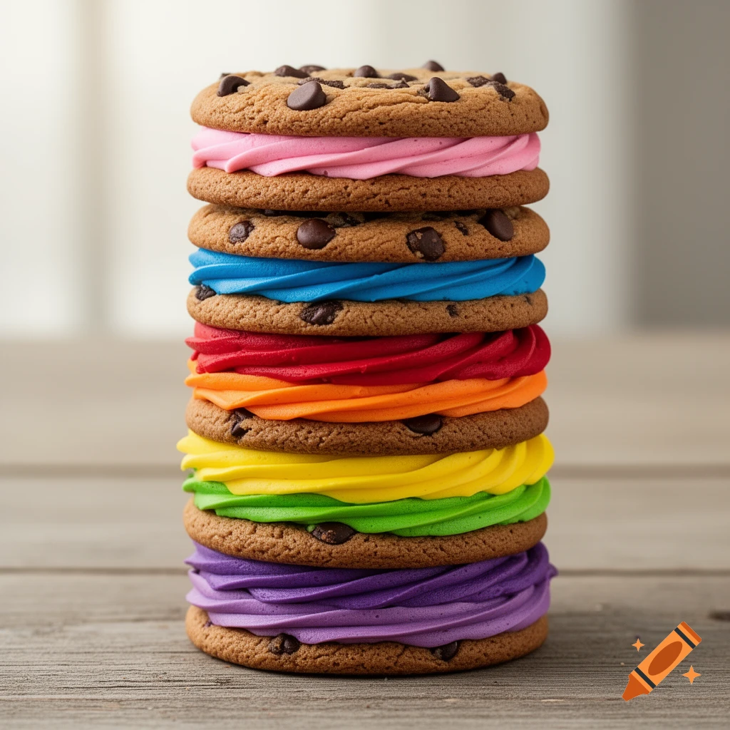 A tall stack of chocolate chip cookie sandwiches with rainbow-colored frosting between each cookie pair, on a wooden surface.