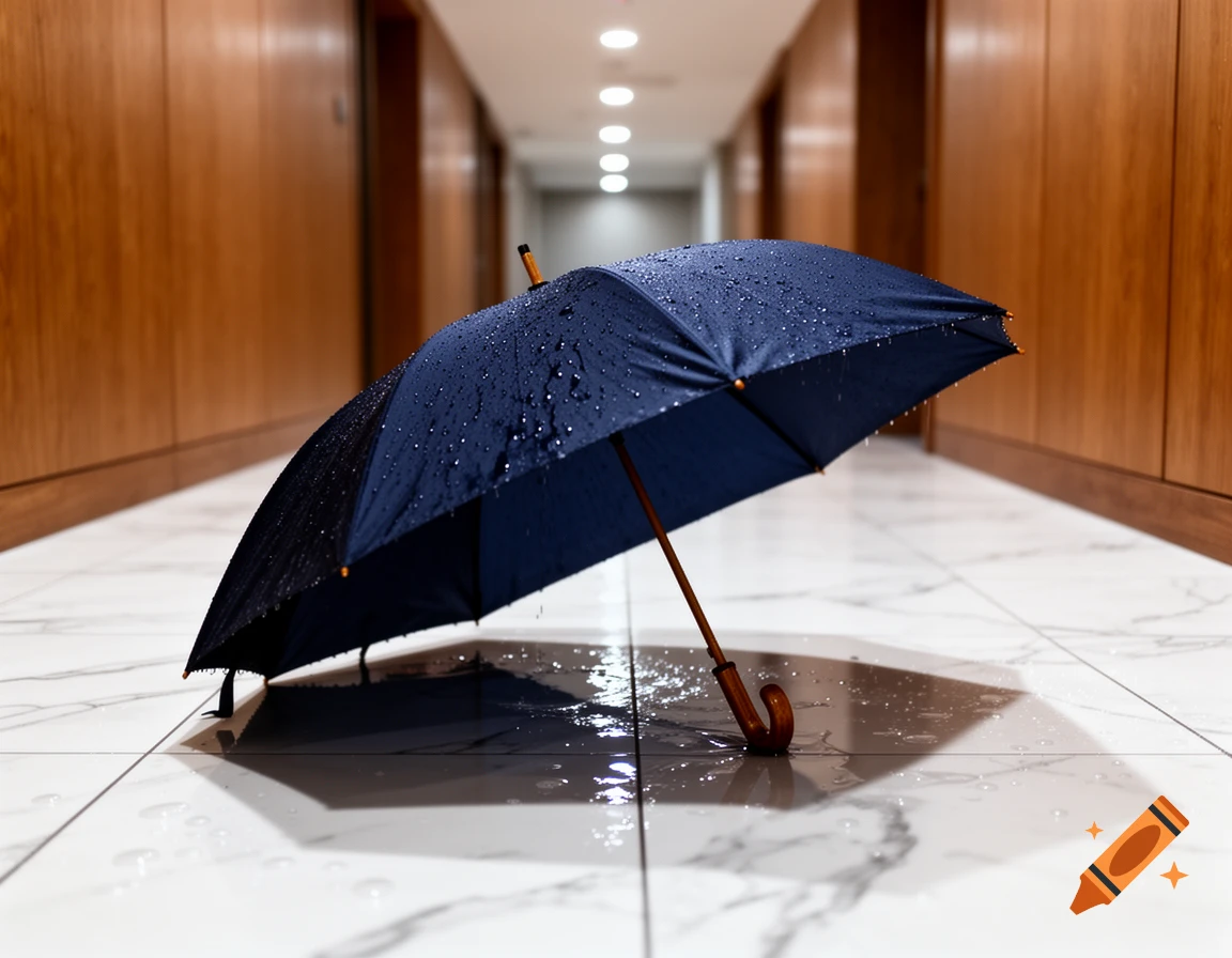 A dark blue wet umbrella lies on a white marble floor in a dimly lit hallway, with water puddles and reflections.