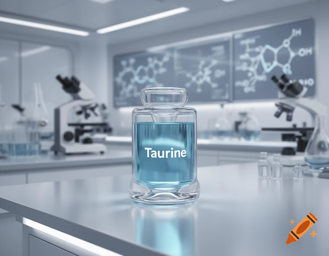 A glass bottle labeled "Taurine" with blue liquid sits on a white laboratory bench, with scientific equipment in the background.