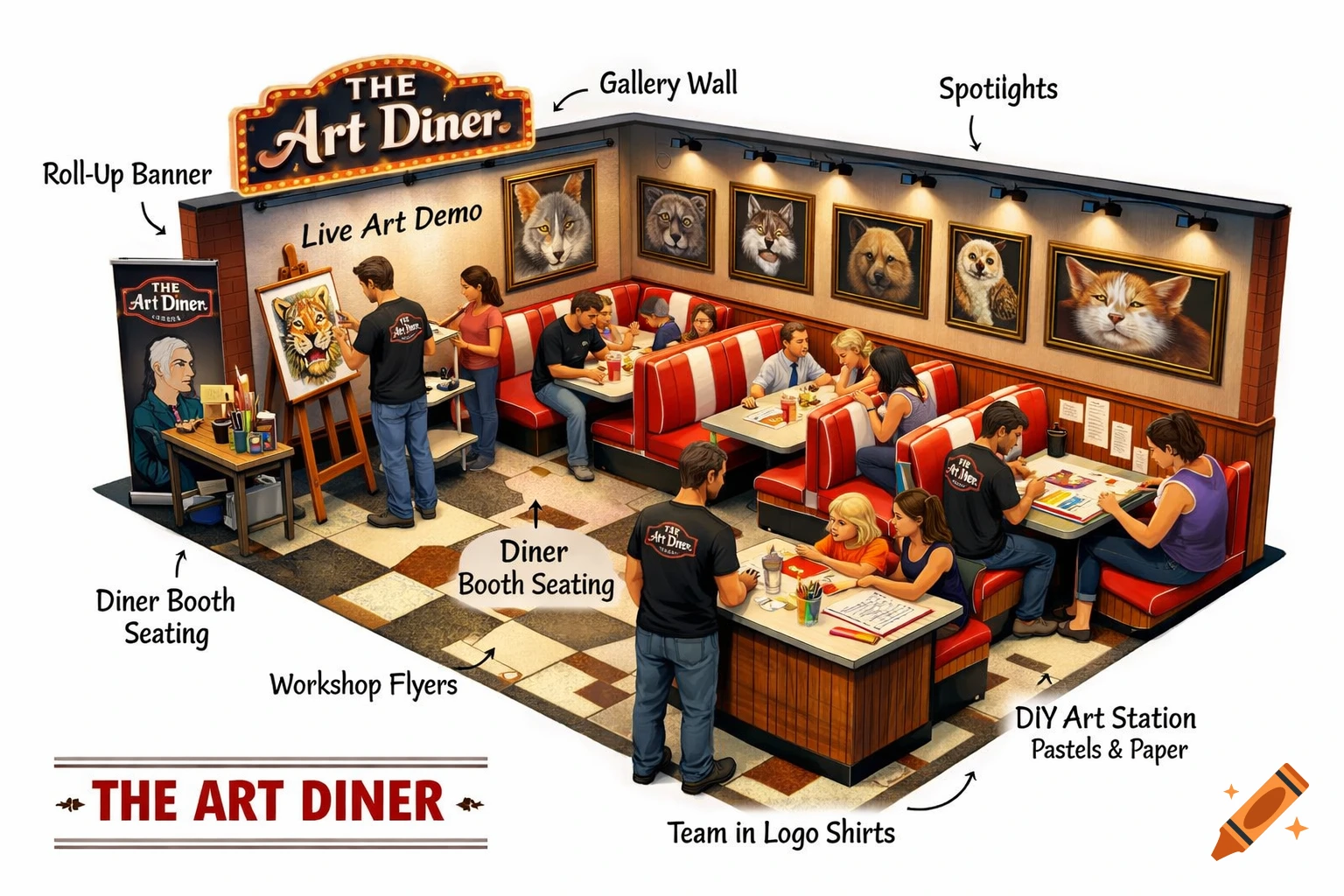 An isometric illustration of 'The Art Diner' exhibition booth with people doing art, red diner booths, and animal portraits on a gallery wall.