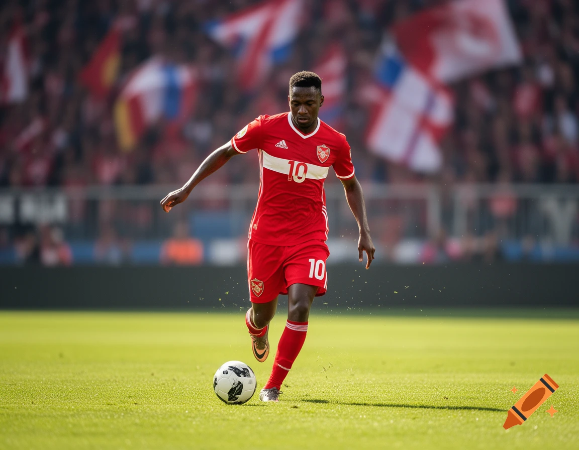 A male soccer player in a red and white uniform dribbles a ball across a sunny green field during a match.