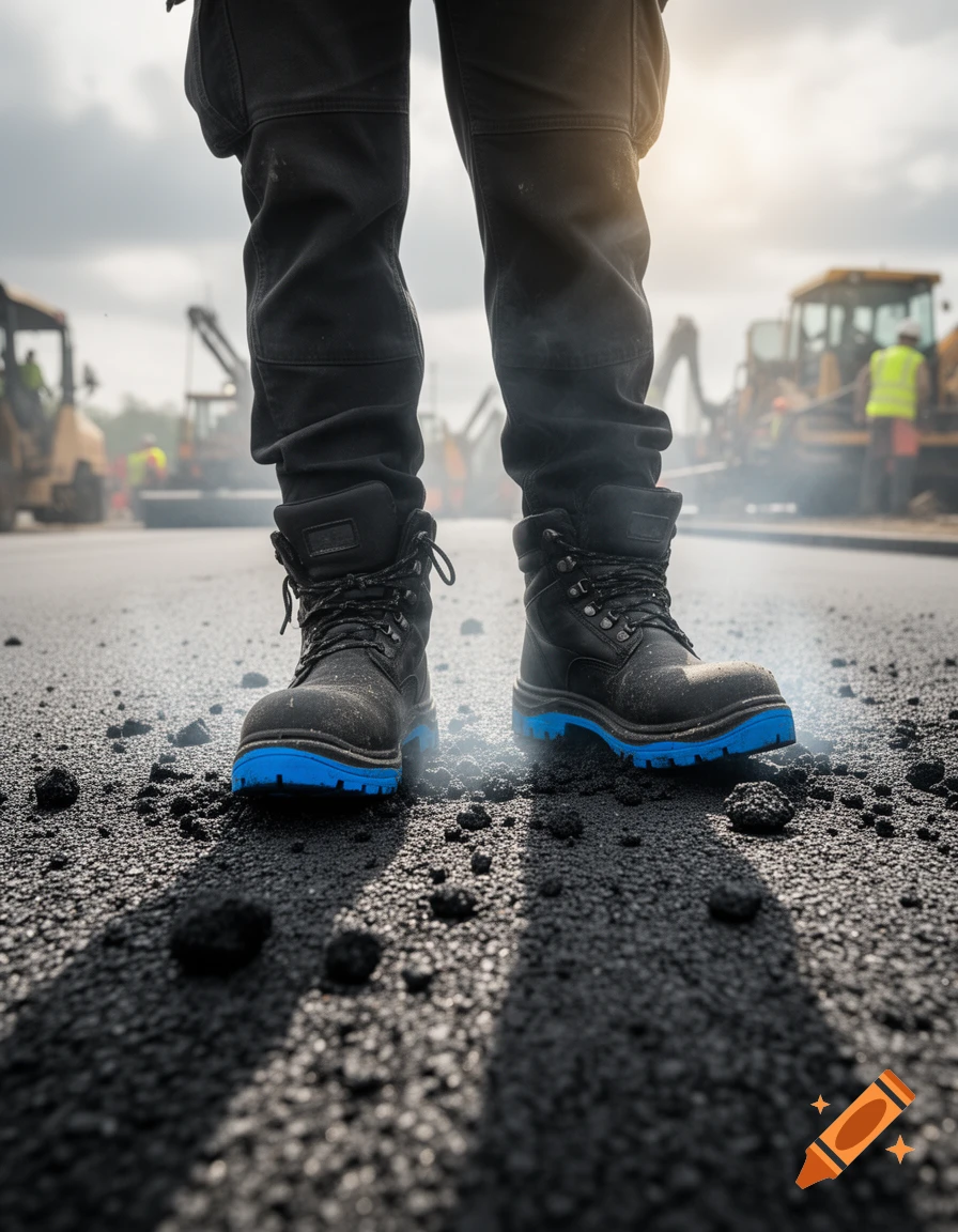 Close-up of a construction worker's black safety boots with blue soles on fresh asphalt, with machinery in the background.