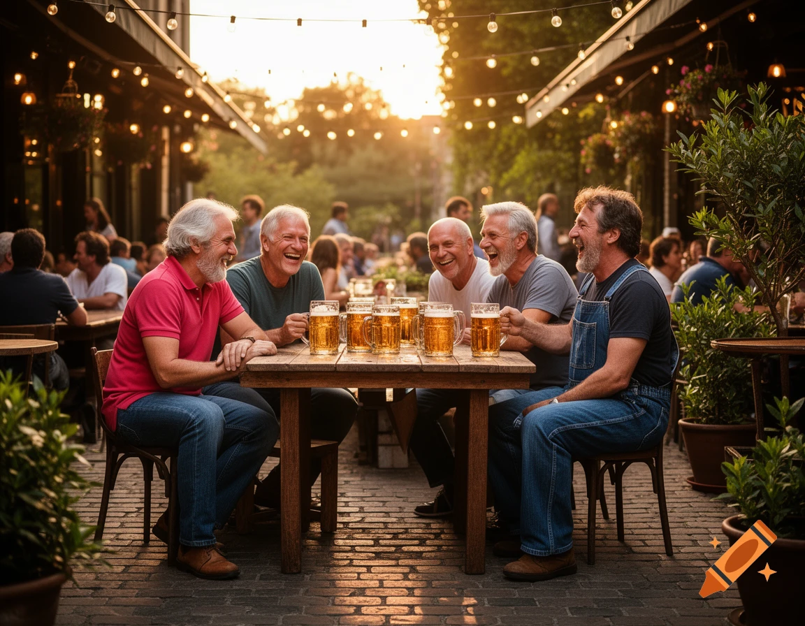 Five laughing middle-aged men share beers at a wooden table in a bustling outdoor restaurant patio at sunset.