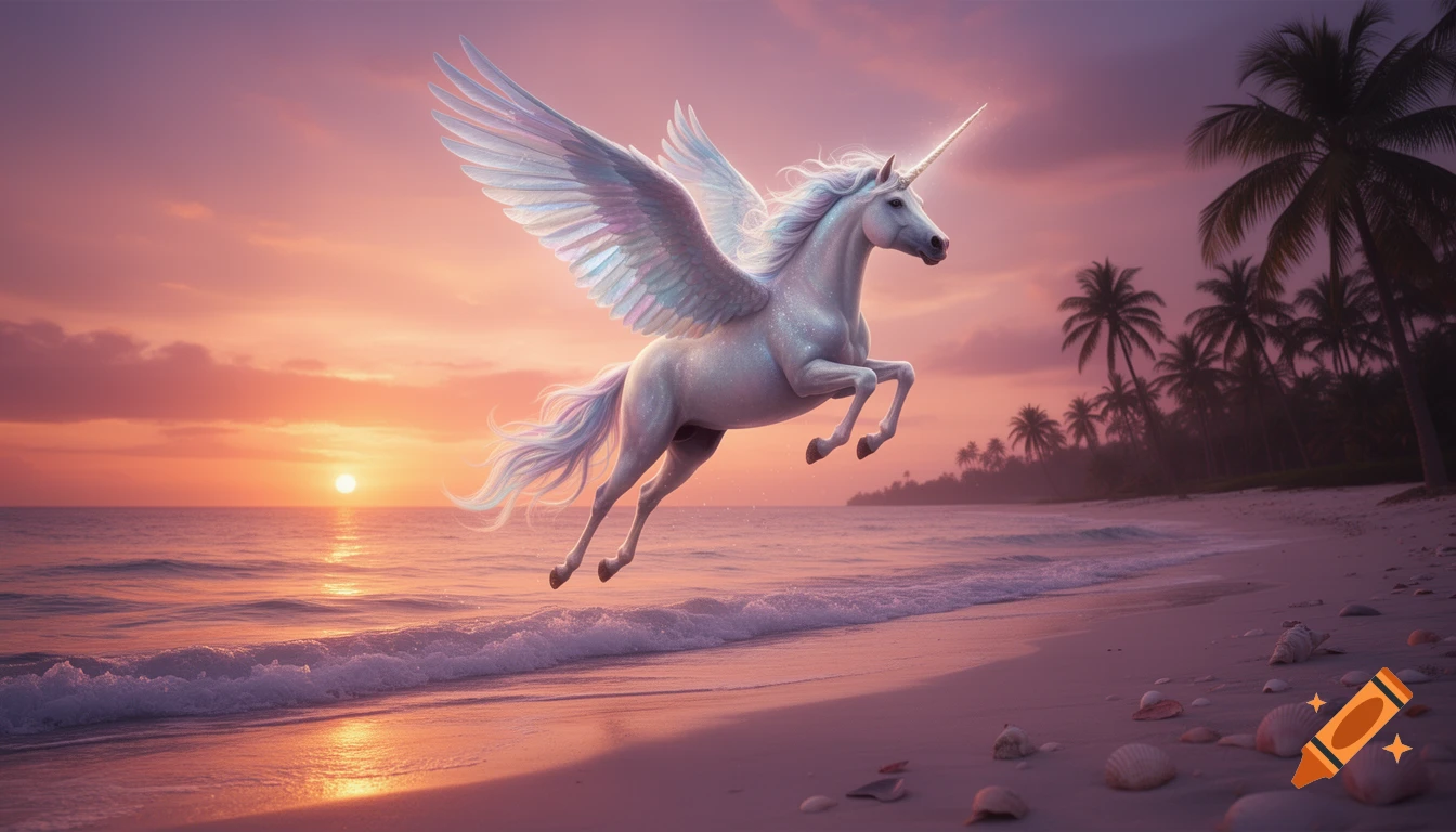 A majestic winged unicorn with sparkling fur floats above a tropical beach with palm trees at a vibrant sunset.
