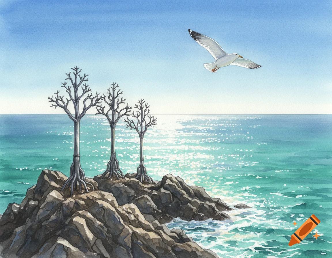 Watercolor painting of a seagull flying over a sunny blue sea, with three bare trees growing on a rocky island.