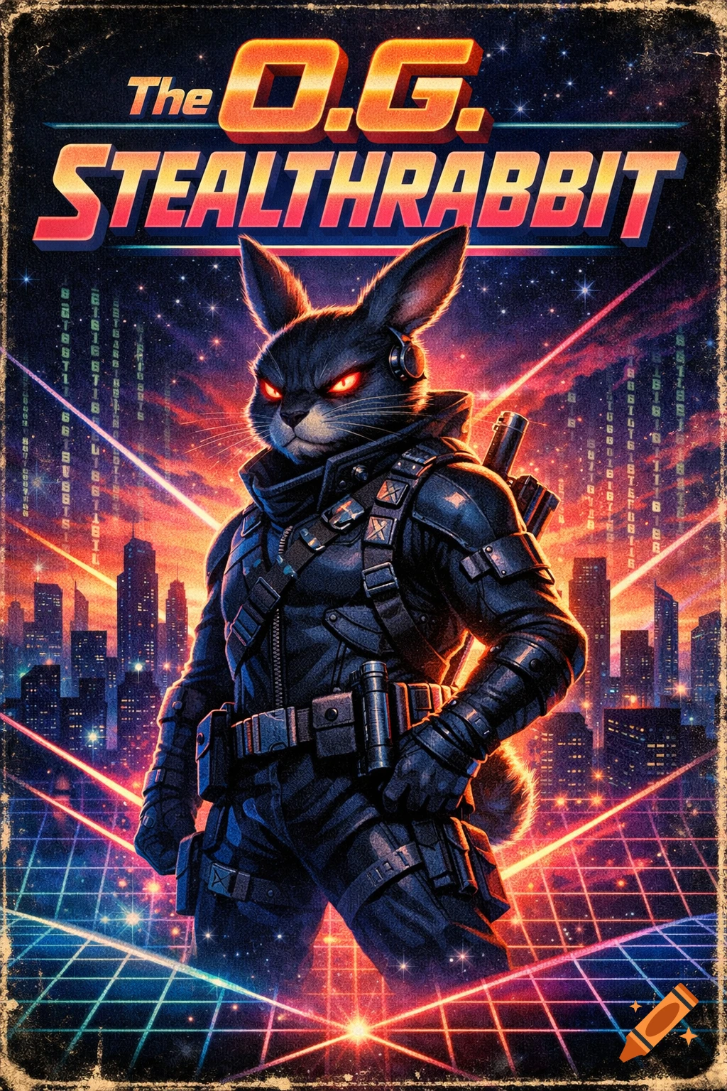 Retro movie poster of a black anthropomorphic rabbit in tactical gear, red eyes, headphones, against a cyberpunk city. Text: 'The O.G. STEALTHRABBIT'