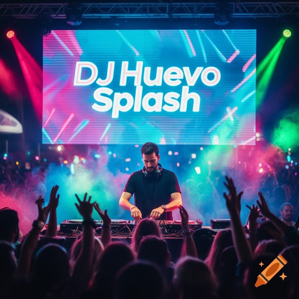 A DJ performs on stage in front of a large screen displaying 'DJ Huevo Splash' to a lively, illuminated crowd.