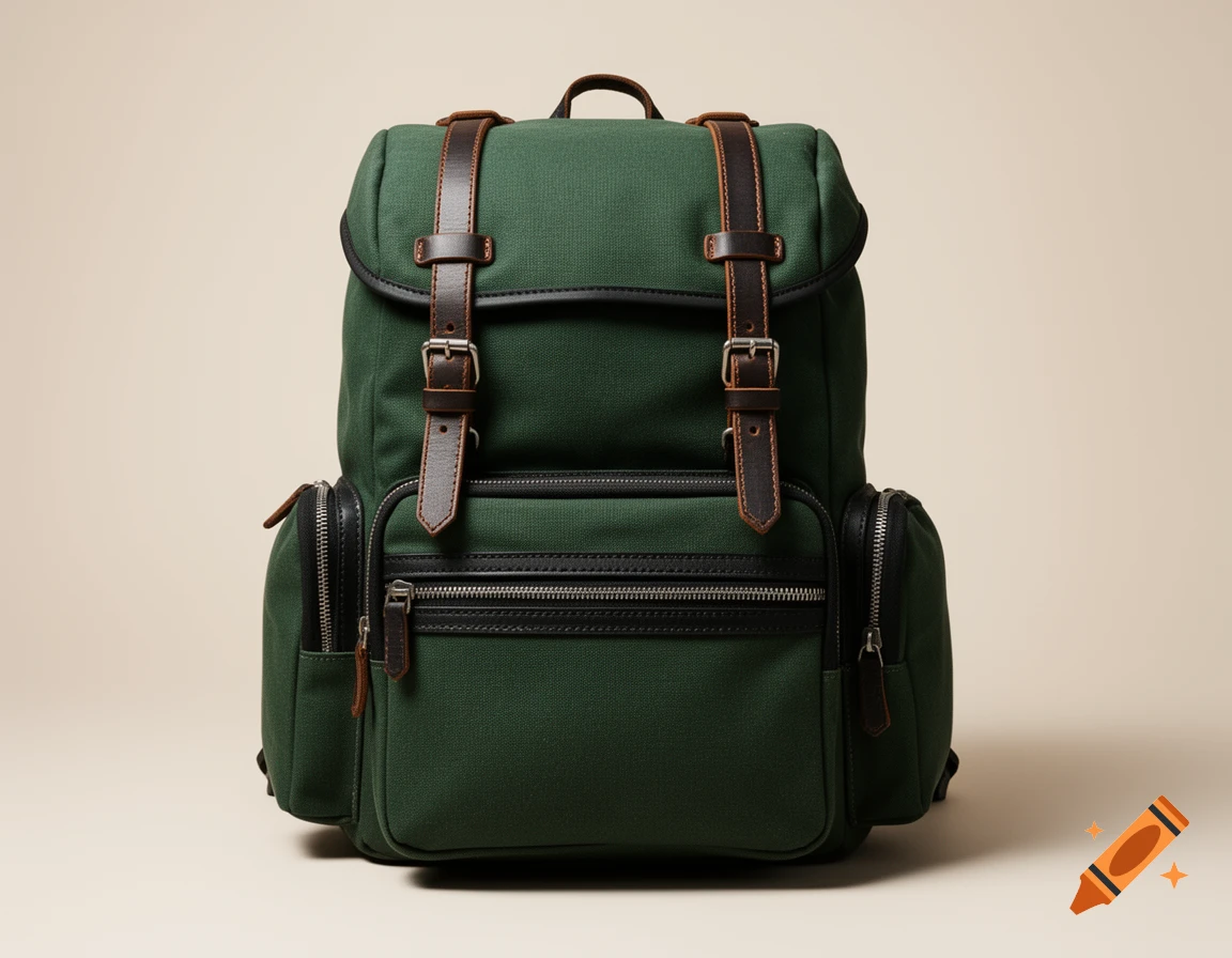 Photorealistic dark green canvas backpack with brown leather straps, buckles, and multiple zippered compartments on a light background.