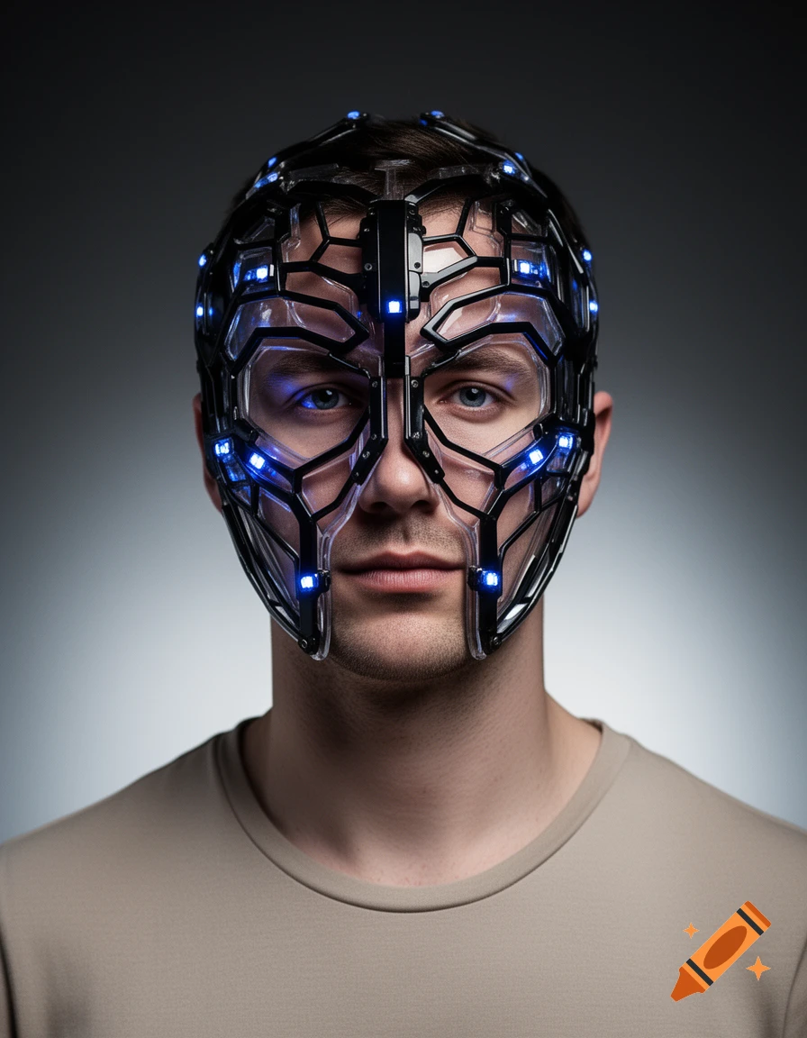 A man in a beige shirt wearing a black futuristic mask with blue ...