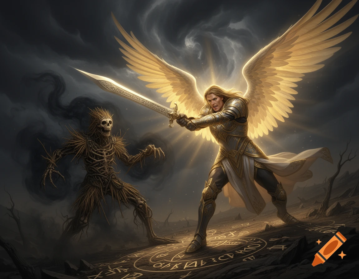 An angelic warrior with golden wings and armor battles a menacing, skeletal, root-covered creature on a ritualistic ground under a stormy sky.