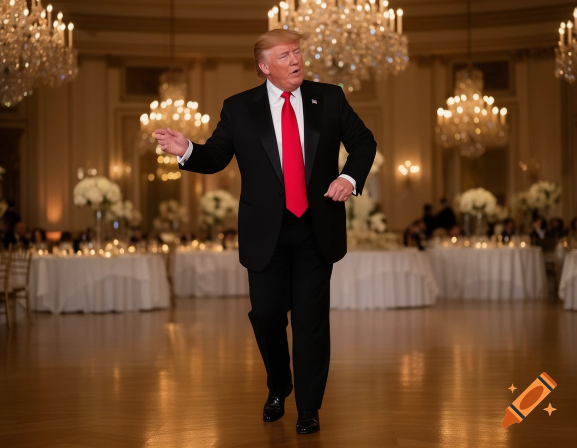 Photorealistic image of Donald Trump in a tuxedo and red tie, dancing in an opulent ballroom with chandeliers and set tables.