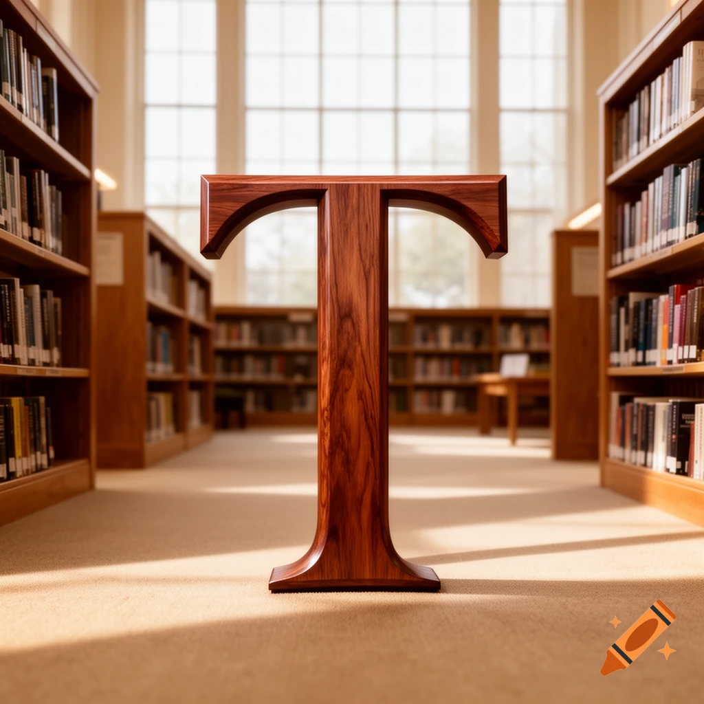A large, dark wooden letter T stands on a beige carpet in the center aisle of a sunlit library.