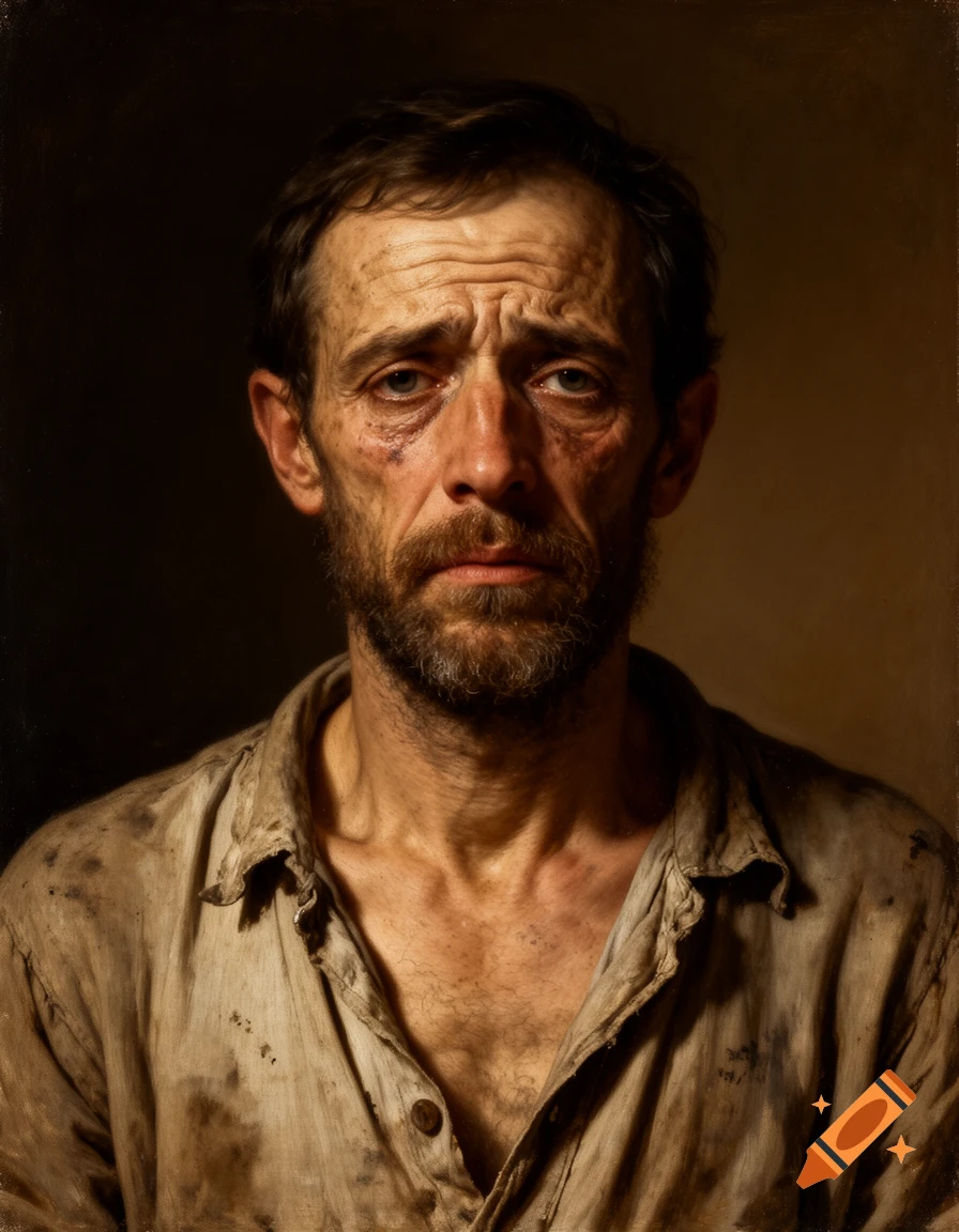 Oil painting portrait of an exhausted man with a beard and dirty linen shirt, looking sad in Rembrandt lighting.