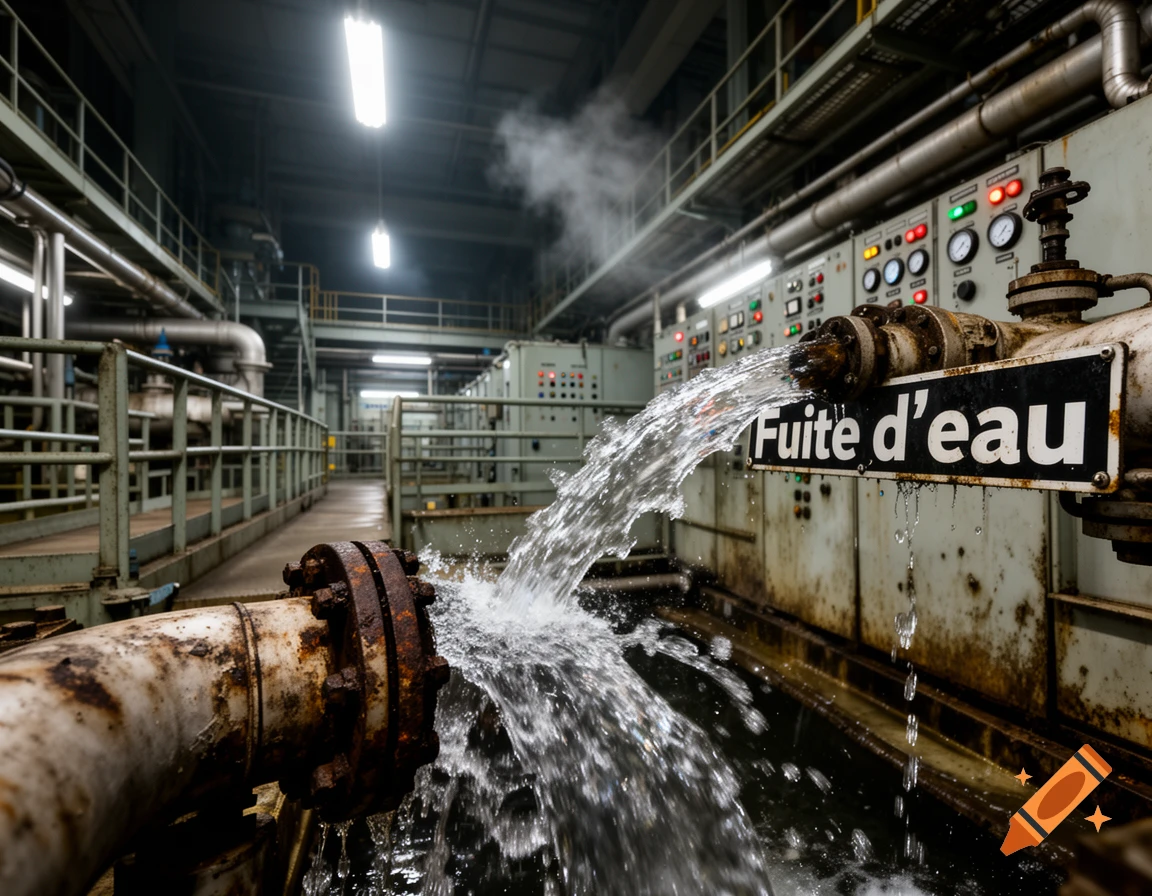 Photorealistic view of water gushing from a rusty pipe in an industrial power plant, with a sign reading "Fuite d'eau".