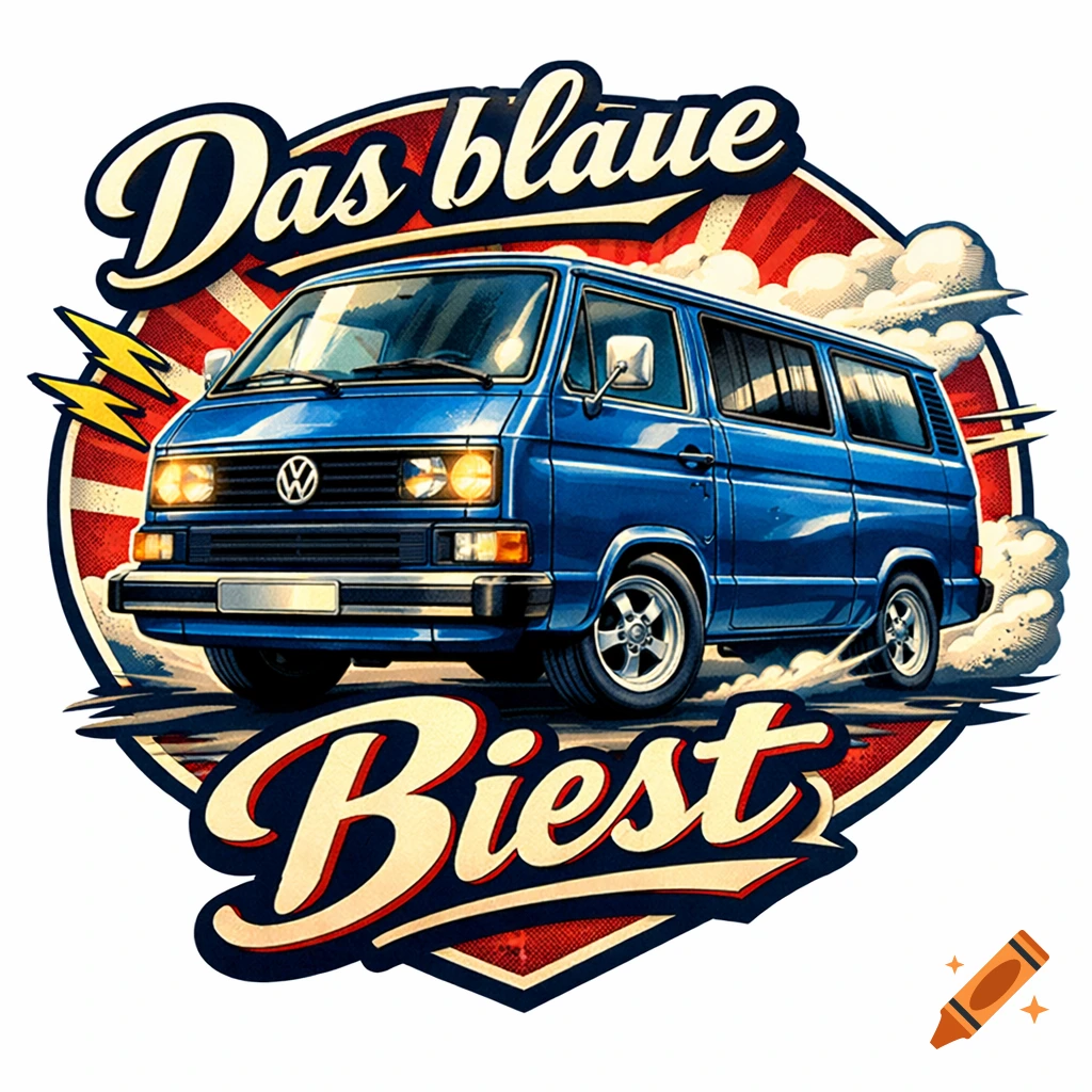 A blue Volkswagen van depicted in a retro pin-up sticker style logo, with 'Das blaue Biest' text, lightning bolts, and sunburst background.