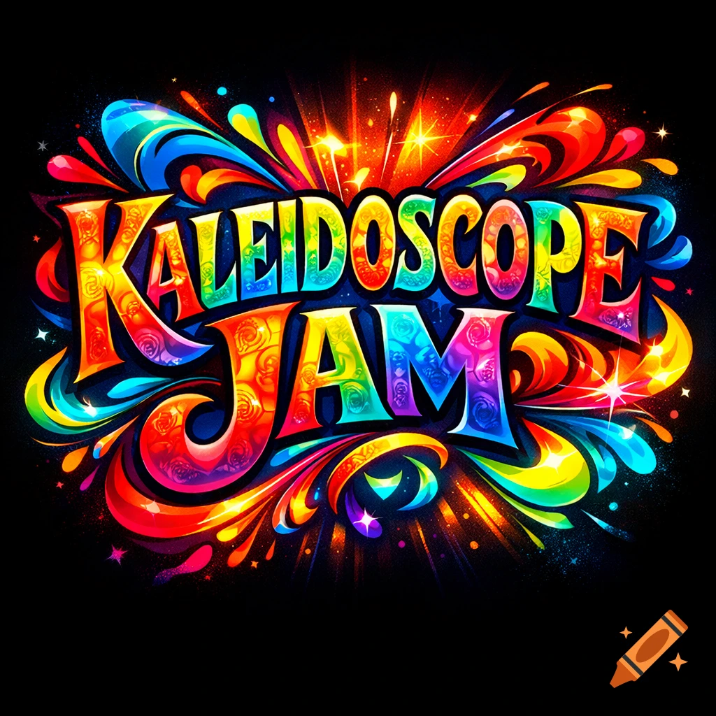 A vibrant, colorful logo for 'KALEIDOSCOPE JAM' with rainbow text, swirling paint splashes, and sparkling effects on a black background.