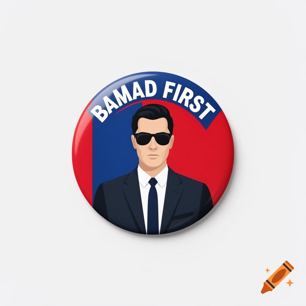 A circular pin button featuring a man in a suit and sunglasses against a red and blue background, with the text 'BAMAD FIRST'.