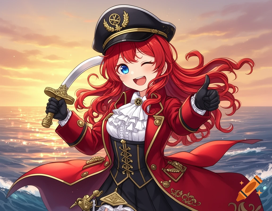 Anime pirate girl with red hair, winking and giving a thumbs up, holding a saber against a sunset ocean.