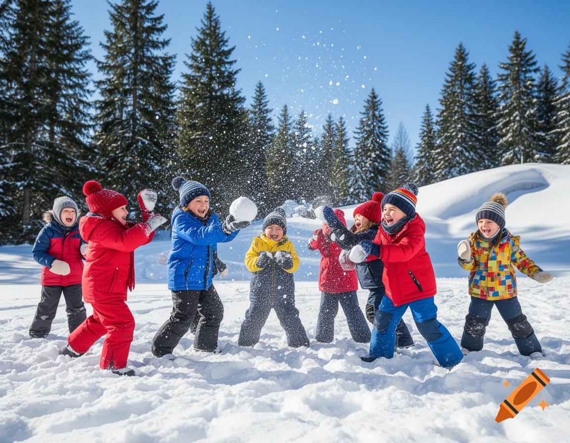 Several happy children in colorful winter clothing throw snowballs at each other in a sunny, snowy forest.