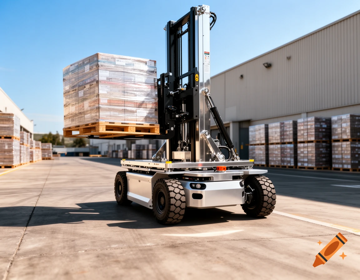 A silver automated guided vehicle (AGV) lifts a pallet of shrink-wrapped cargo in an outdoor industrial area.
