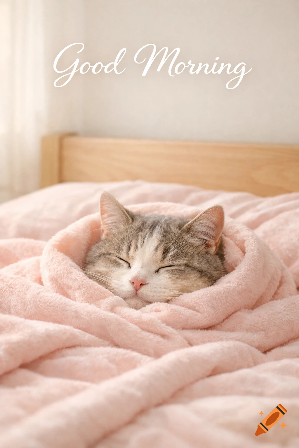 A sleeping tabby cat snuggled in a pink blanket in a bed with 'Good Morning' text above, photorealistic style.