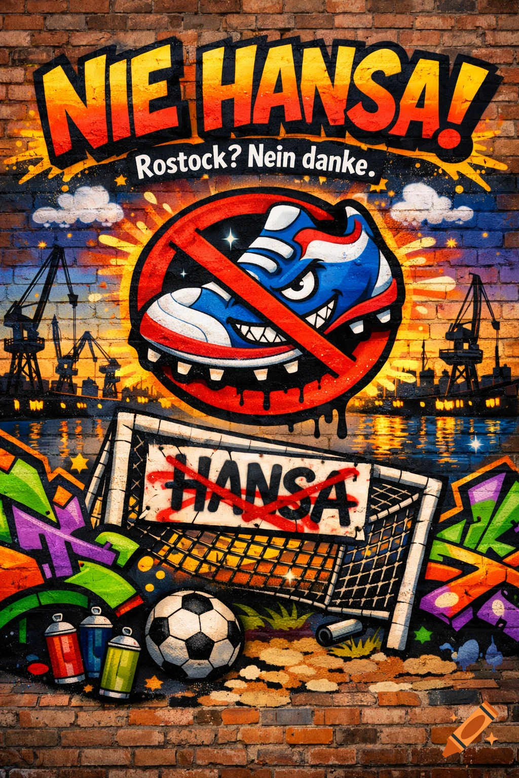 A vibrant graffiti mural on a brick wall, featuring a crossed-out cartoon football boot, a soccer ball, a goal with 'Hansa' crossed out, and text 'NIE HANSA! Rostock? Nein danke.' with a port background in a wildstyle, comic-like art style.