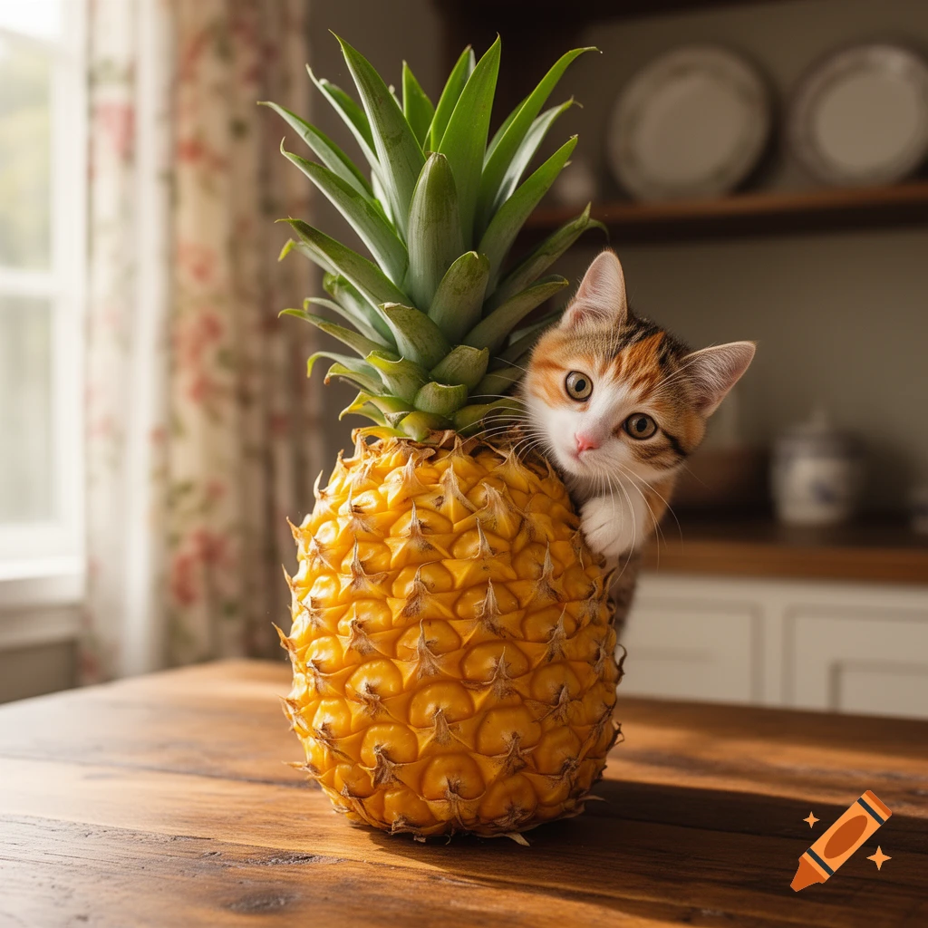 A cute calico kitten peeking from behind a large pineapple on a wooden table in a kitchen, photorealistic.