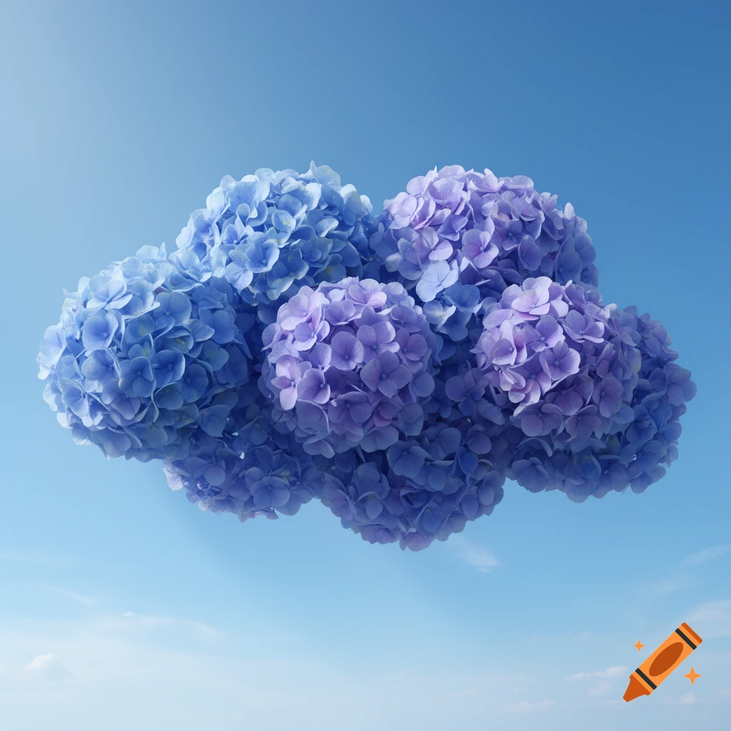 A cloud composed of blue and purple hydrangeas floats in a clear blue sky.