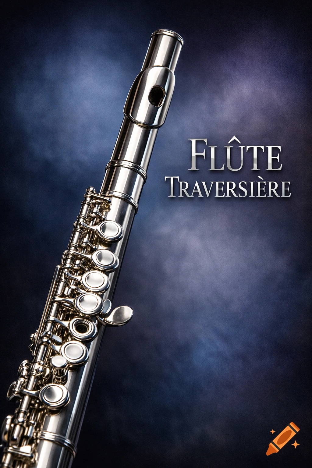 A shiny silver flute positioned diagonally against a dark, smoky blue background, with text 'FLÛTE TRAVERSIÈRE'.