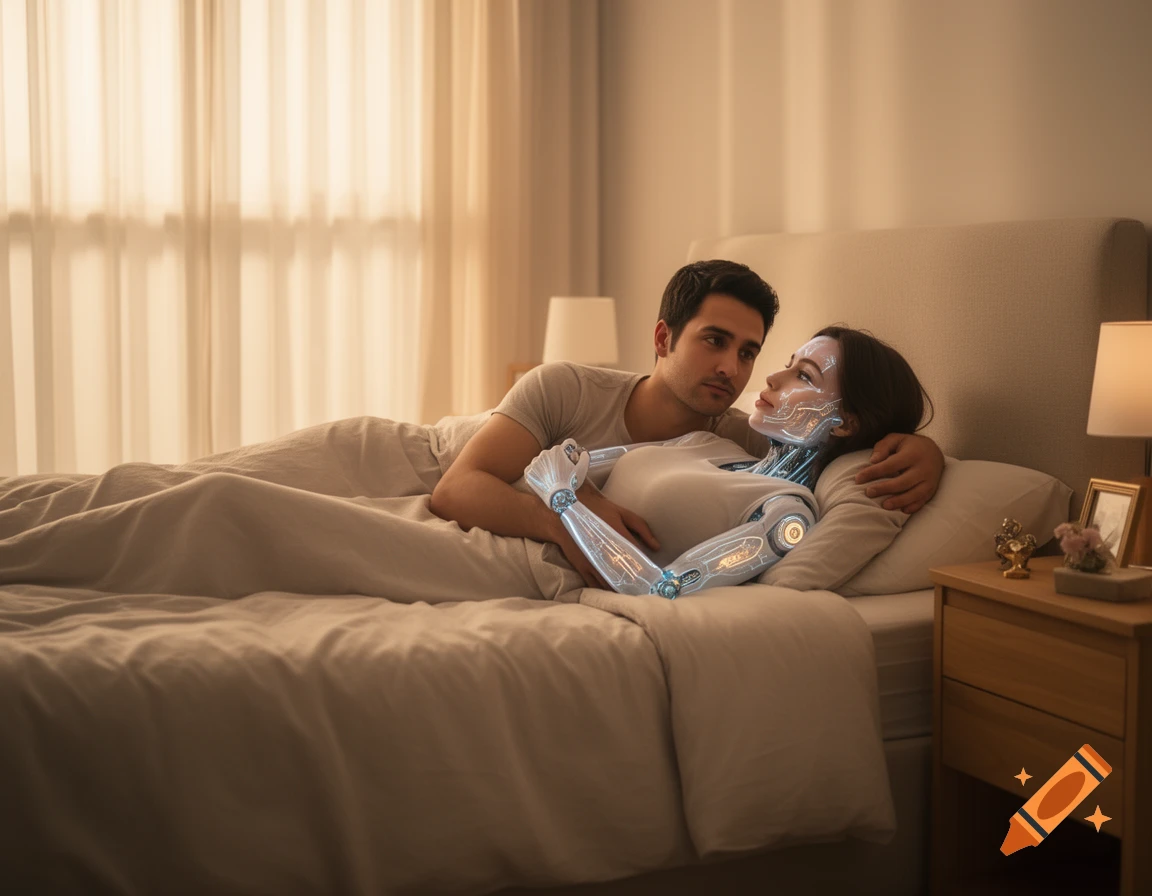 A man gently embraces an android woman in a cozy bedroom with soft morning light, conveying tenderness.