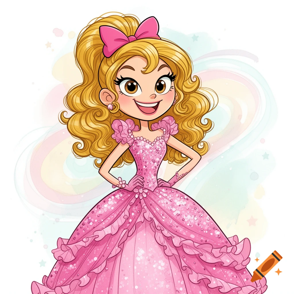 A smiling cartoon princess with blonde curly hair in a high ponytail with a pink bow, wearing a sparkling pink ruffled ball gown and matching gloves.