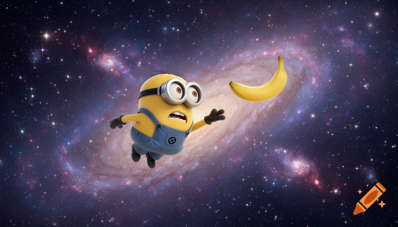 A cartoon yellow Minion in blue overalls floats in a colorful galaxy, reaching for a floating banana with a frustrated expression.