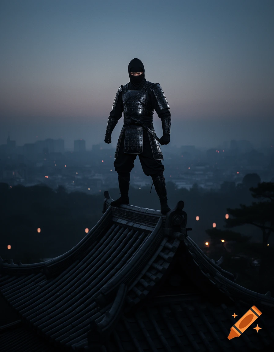 A ninja in dark armor stands powerfully on a traditional tiled rooftop, overlooking a hazy city at dusk with scattered lights.
