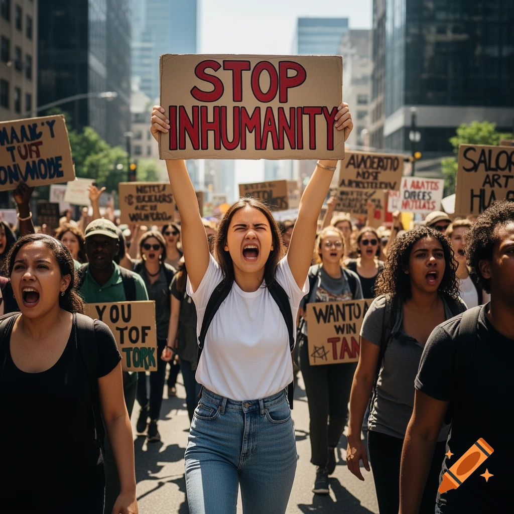 Young woman leading a diverse crowd in a photorealistic protest on a city street, yelling with a 'STOP INHUMANITY' sign.
