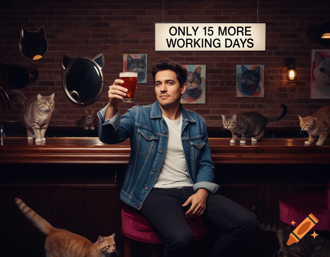 A man resembling John Mayer raises a glass in a cat-themed bar with several cats around him. A sign above reads "ONLY 15 MORE WORKING DAYS".